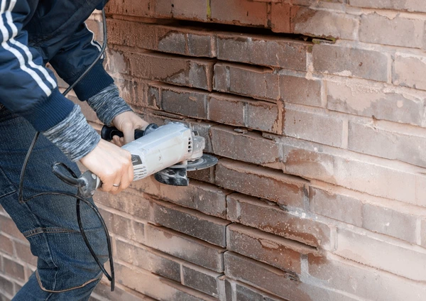 A person uses an angle grinder to cut into a brick wall, creating dust and debris—NYC’s Trusted Team for Fixing Brickwork DOB Violations Fast & Professionally gets the job done right.