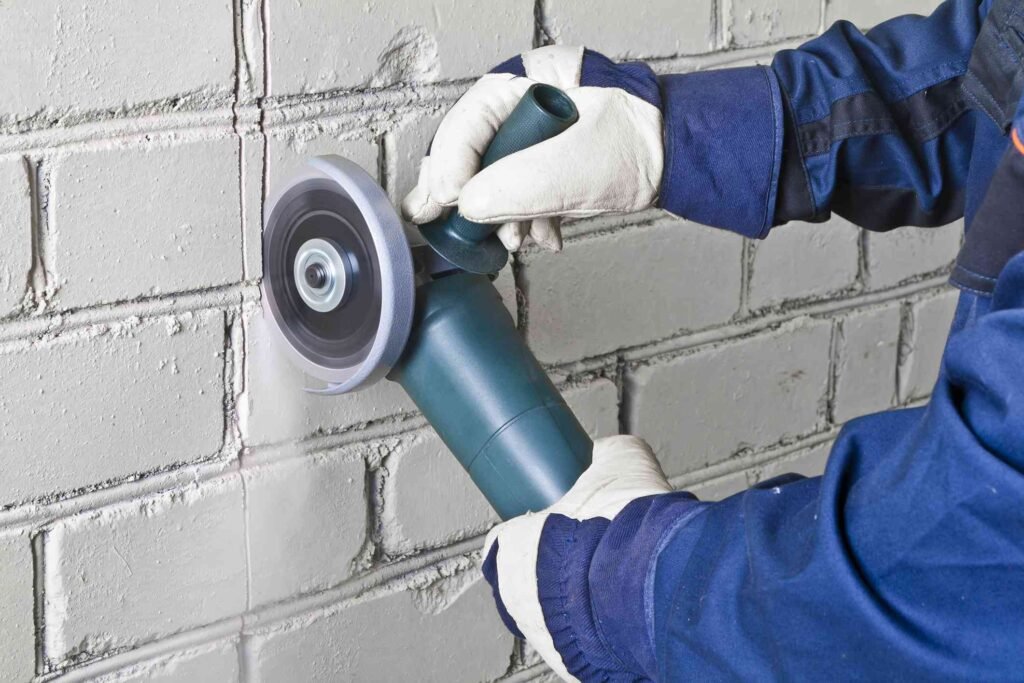 Person in blue work clothes and white gloves uses an angle grinder to cut into a white brick wall.