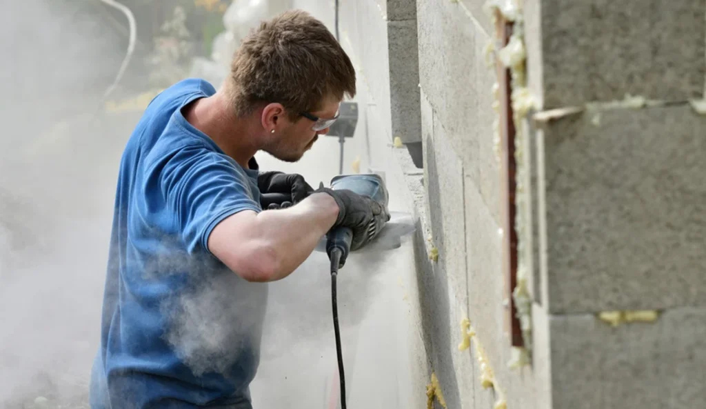 A worker in a blue shirt uses a power tool to cut through a concrete wall, surrounded by dust and debris in a construction site.