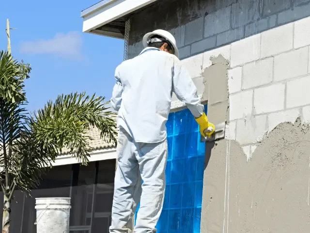 Construction worker in hard hat and protective clothing applies stucco to a building exterior.