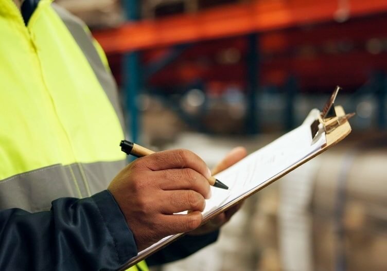 A worker in a high-visibility vest writes on a clipboard in a warehouse, overseeing inventory or safety checks.