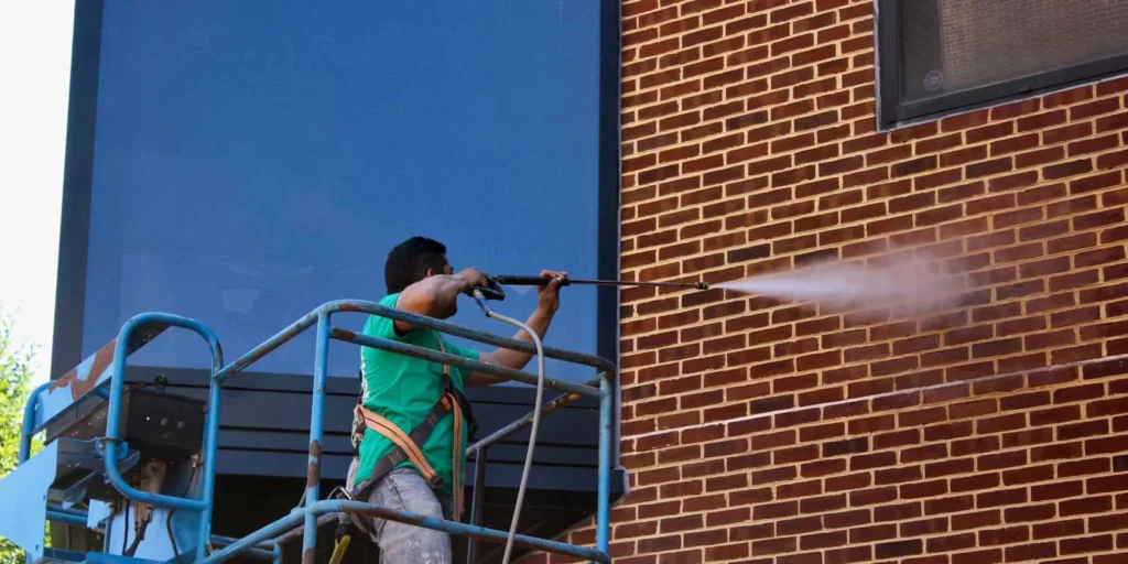 Technician cleaning a brick wall to remove dirt, stains, and pollution buildup, restoring the brick’s natural color.